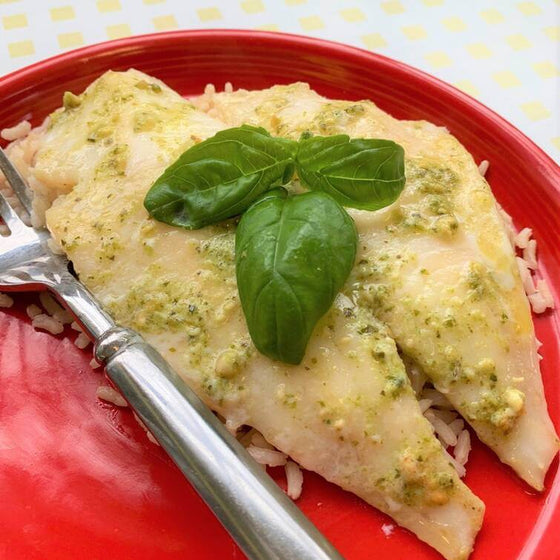 Flounder Milanese with Pesto Butter over Brown Rice*