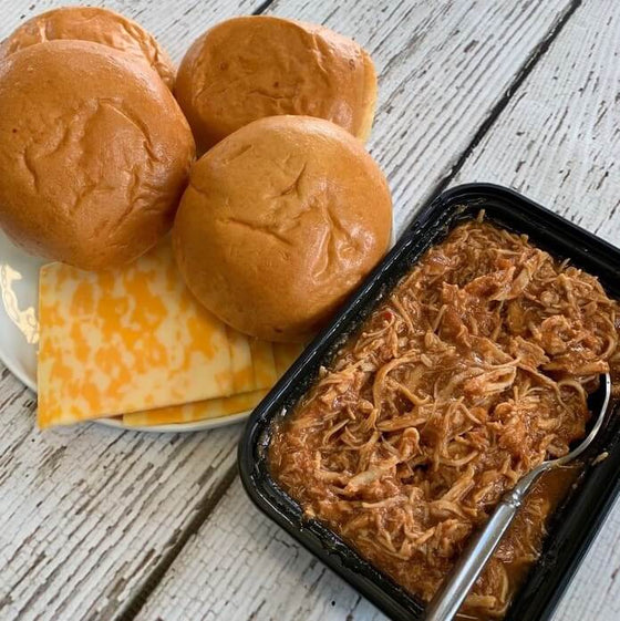Fully Cooked Southern Pulled BBQ Chicken Sandwiches with Cheddar Cheese and Le Bus Rolls  -  Chicken
