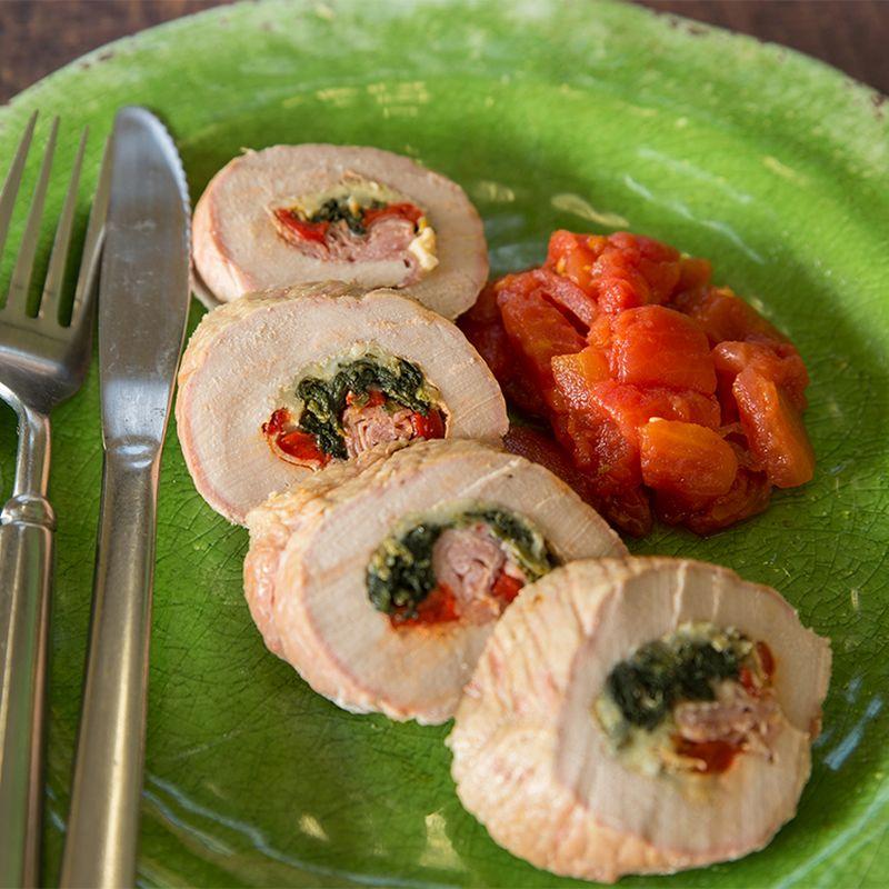 Pork Tenderloin Stuffed with Prosciutto, Spinach, Roasted Red Peppers & Mozzarella*  -  Pork