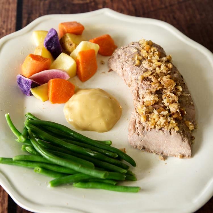 Praline Crusted Pork Tenderloin with Roasted Potato Medley  -  Pork