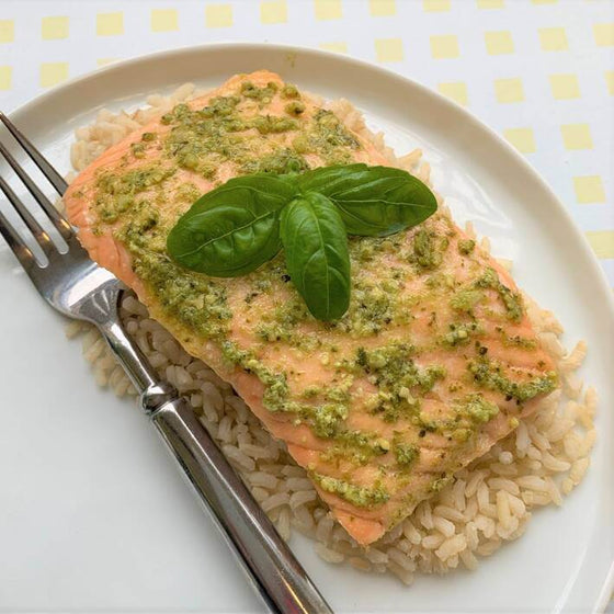 Salmon Milanese with Pesto Butter over Brown Rice